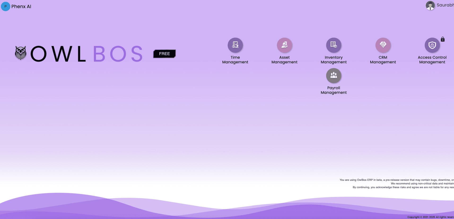 OwlBos dashboard showing inventory and time tracking overview