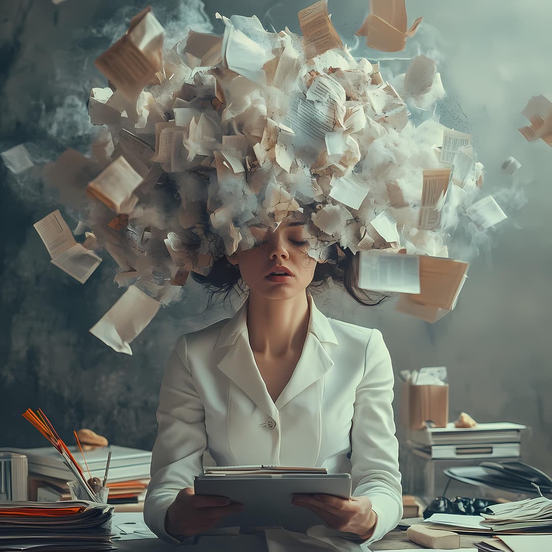 Entrepreneur overwhelmed by paperwork before using OwlBos